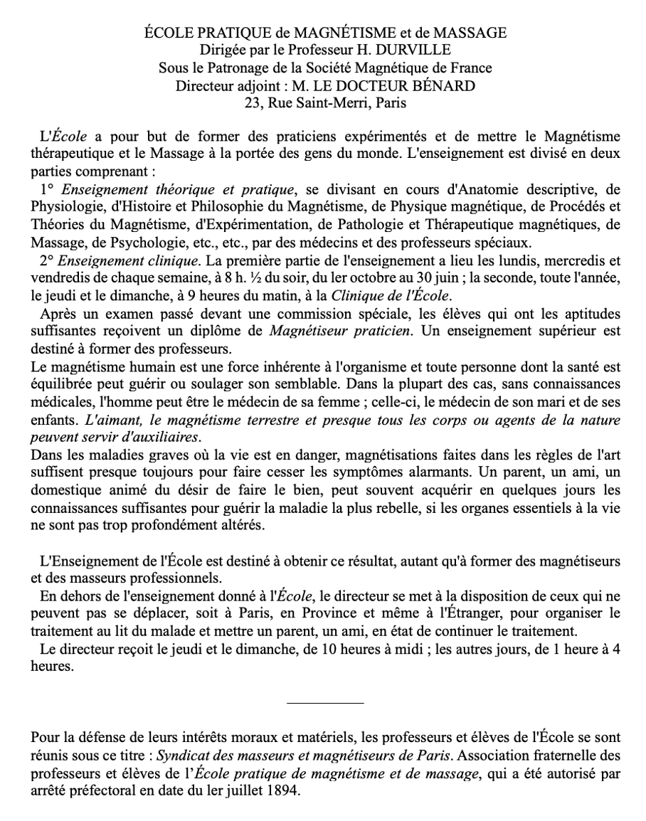 École pratique de magnétisme et de massage fondée par Hector DURVILLE en 1893